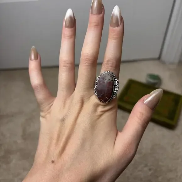 Silver Coated Jasper Stone Ring 7.75 - Picture 3 of 6